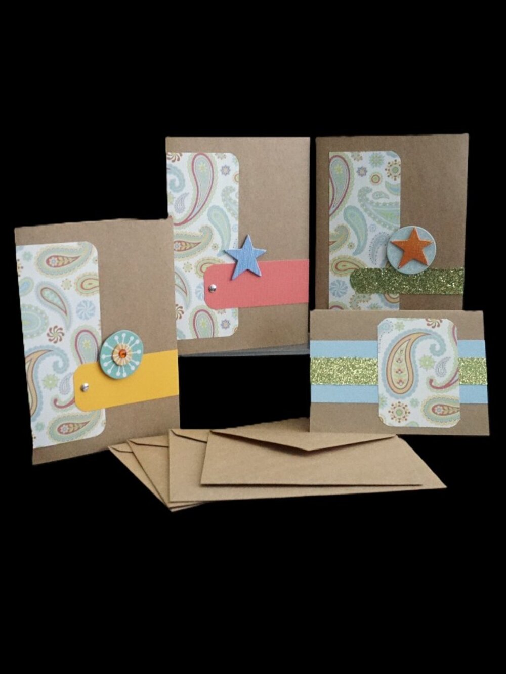 Set of 4 Handmade Greeting Cards Kraft Embellished Pastel Paisley Print Birthday